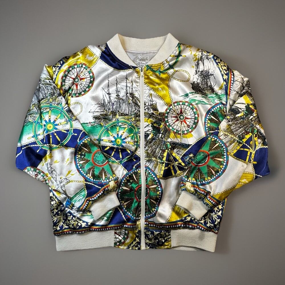 Vintage Nautical Bomber Jacket Womens M Satin Compass Ship Print Taiwan -670
